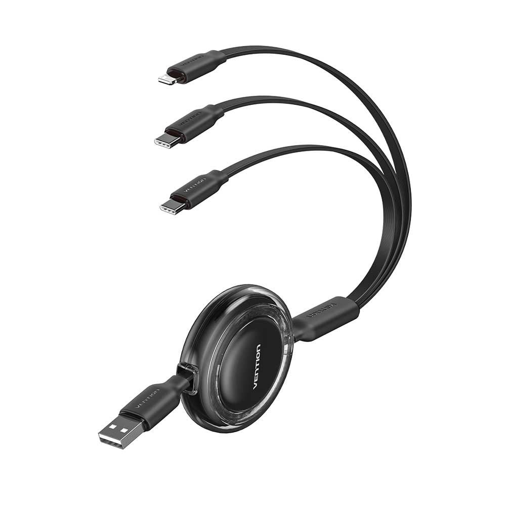Vention 3,5A Makaralı Çift Type-C ve Lightning Çıkışlı Hızlı Şarj ve Data Kablosu 1,1m Siyah - TRJ