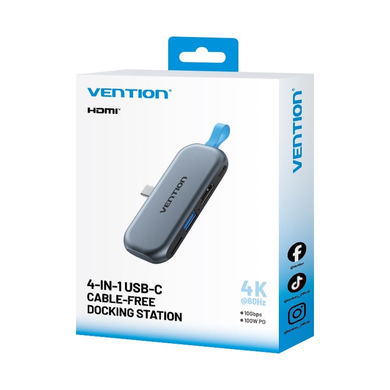 Vention 4'ü 1 Arada Alüminyum Alaşımlı Kablo Gerektirmeyen Tip-C Hub Çoklayıcı - 4K HDMI USB 3,2 Gen 2 TF Gri - THYH0