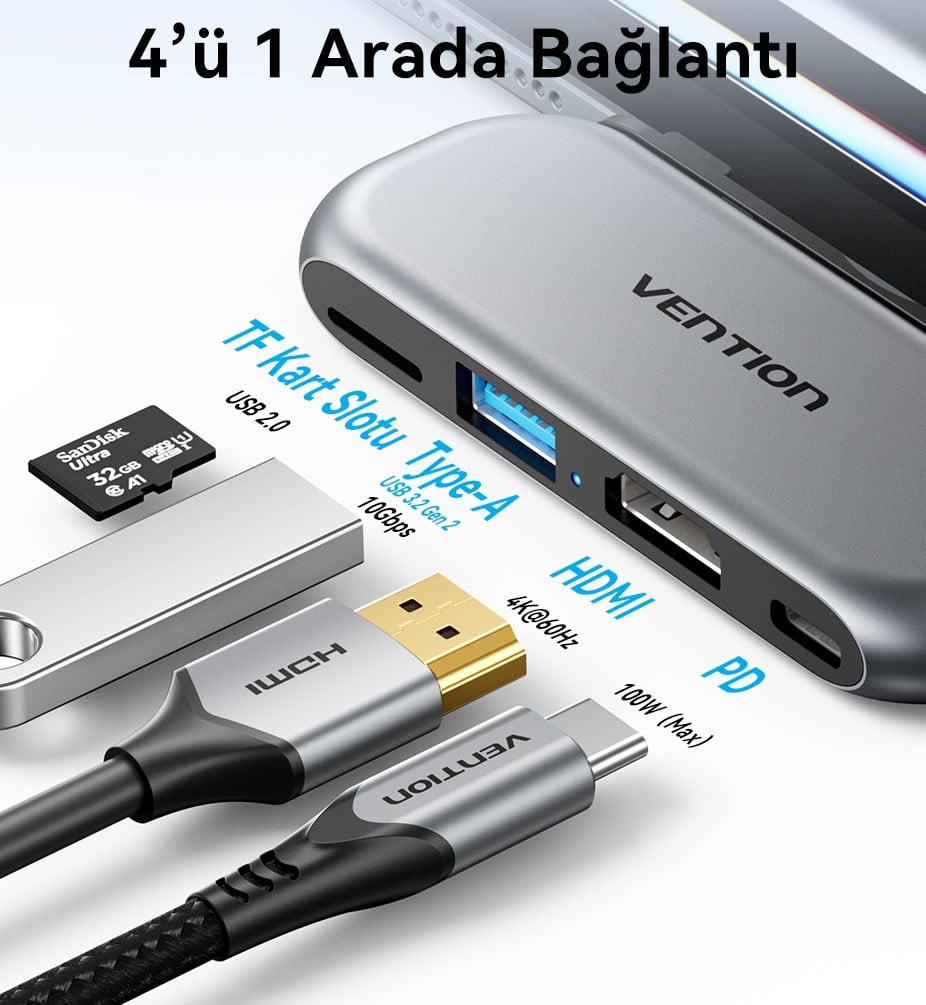 Vention 4'ü 1 Arada Alüminyum Alaşımlı Kablo Gerektirmeyen Tip-C Hub Çoklayıcı - 4K HDMI USB 3,2 Gen 2 TF Gri - THYH0