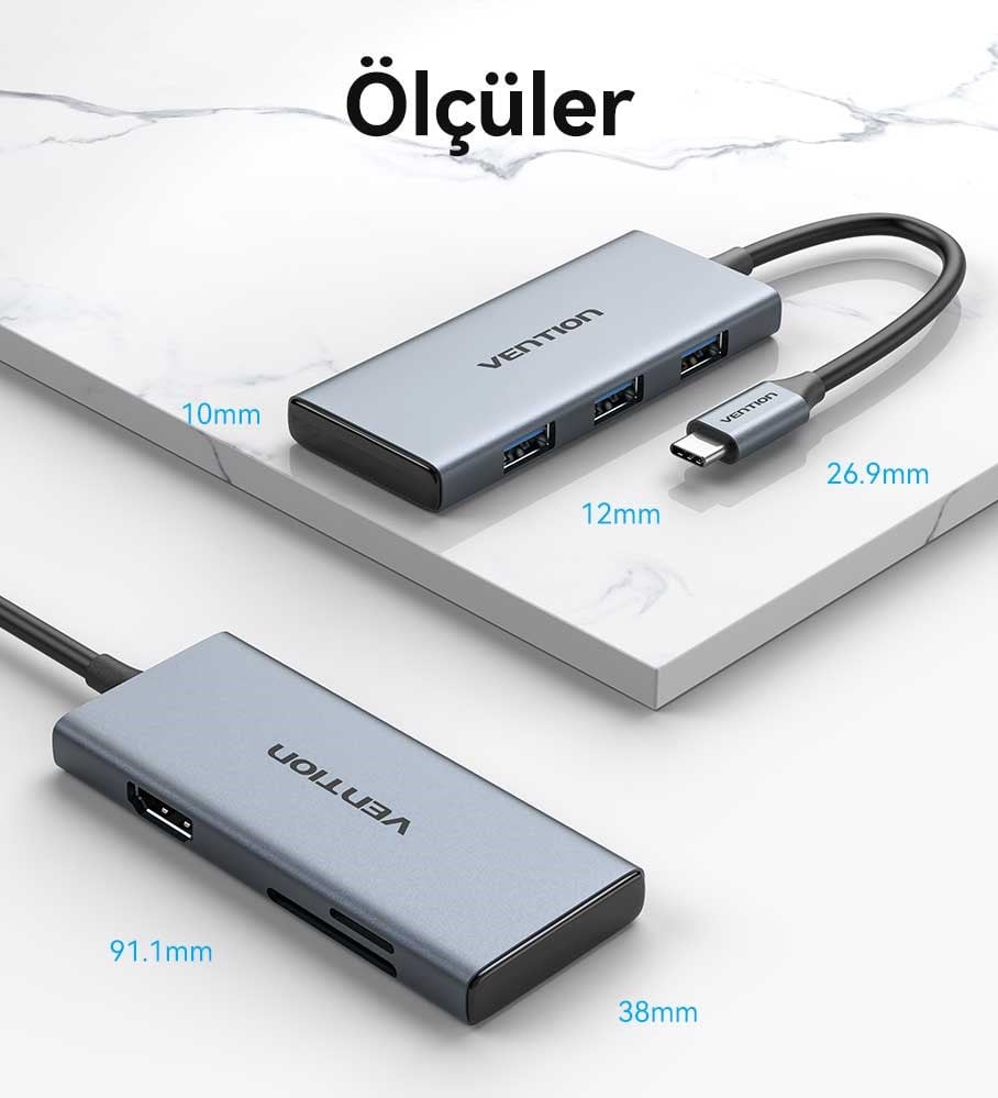 Vention 6'sı 1 Arada Alüminyum Alaşımlı Tip-C Hub Çoklayıcı - 4K HDMI 3xUSB 3,0 SD TF Gri 0,15m Kablo - TOOHB