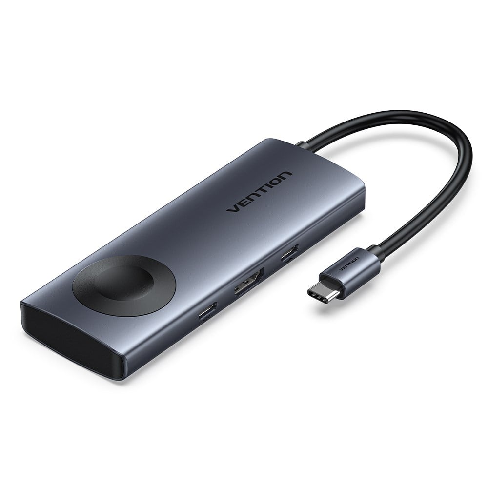 Vention Akıllı Saat ve Kulaklık İçin Kablosuz Şarjlı Tip-C Hub Çoklayıcı 6'sı 1 Arada 4K HDMI USB 3,2 Gen 1 Gri 0,11m Kablolu - TPM