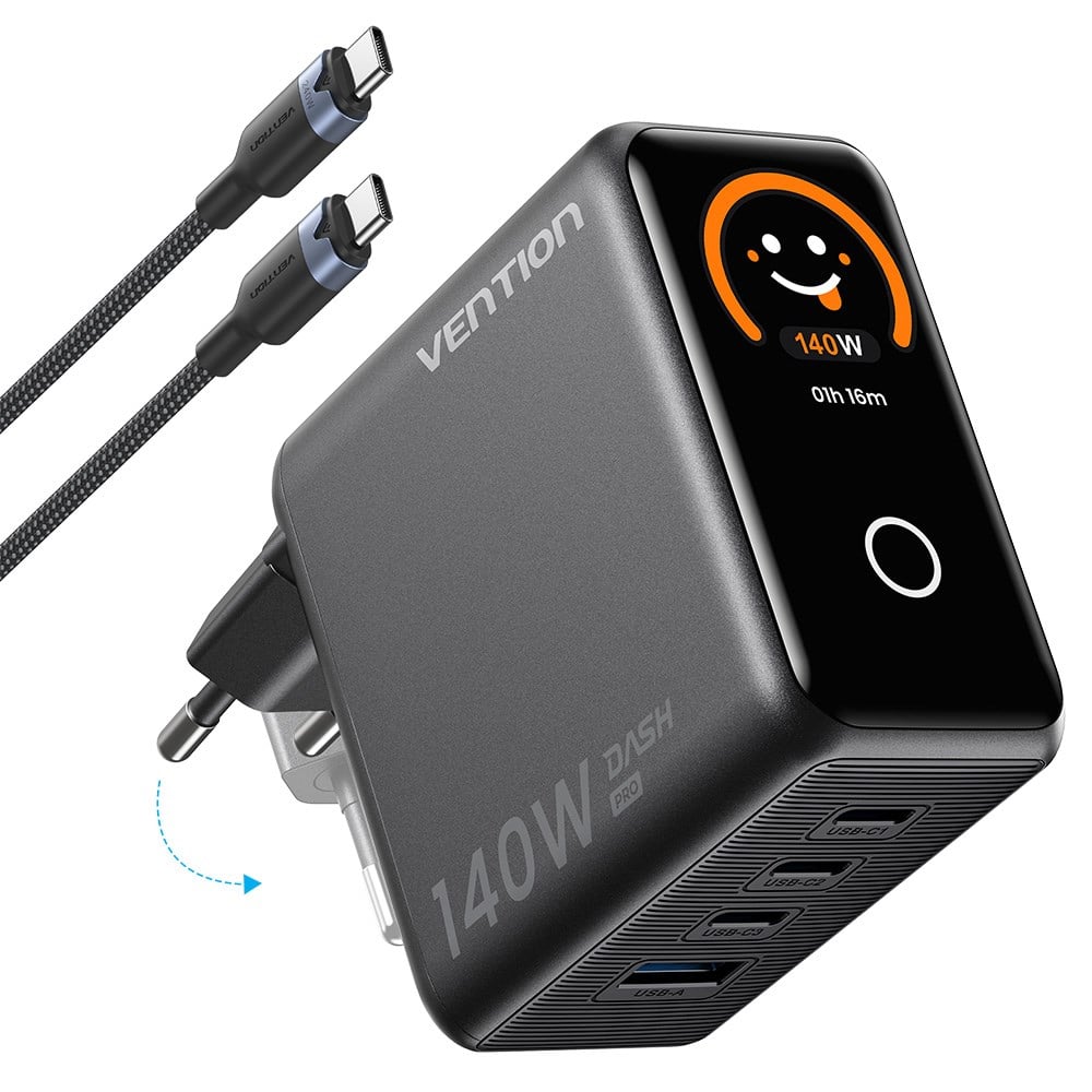 Vention Dash Pro Serisi 140W GaN 5.0 Multi-Port Şarj Cihazı (Akıllı Dijital Ekran ve Emoji Göstergeli, PD 3.1, 3x USB-C + 1x USB-A) - 240W E-Marker Kablo Dahil Siyah - TZ-FCO