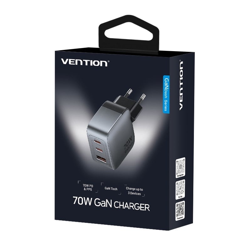 Vention Dash Serisi 70W GaN 5.0 3-Çıkışlı (2xUSB-C + USB-A) Hızlı Şarj Cihazı MacBook iPhone Uyumlu - FEX
