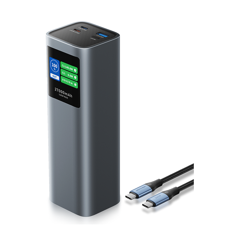 Vention Powerhive 27000mAh 140W LED Ekranlı 3 Çıkışlı (2xUSB-C + 1xUSB-A) Taşınabilir Hızlı Şarj Cihazı Gri - FKE