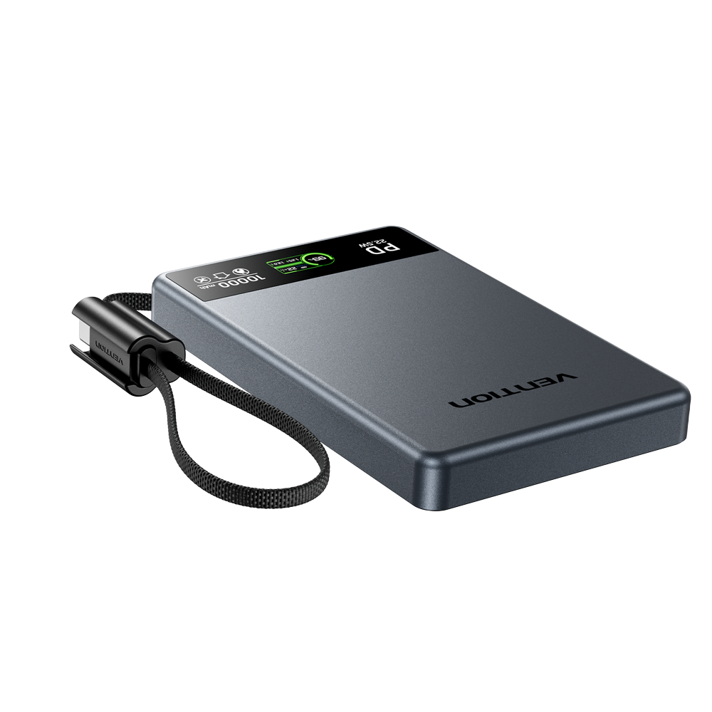 Vention Ultra Slim Serisi 10000mAh Powerbank 15W Manyetik Kablosuz Şarj TFT Ekran Dahili Askı Kablolu Gri - FKL