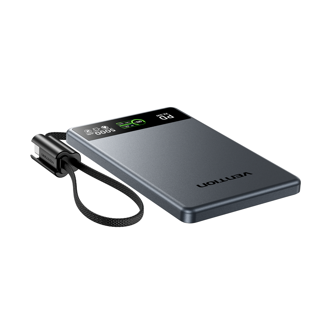 Vention Ultra Slim Serisi 5000mAh Powerbank 15W Manyetik Kablosuz Şarj  (2xUSB-C) TFT Ekran Dahili Askı Kablolu Gri - FKK