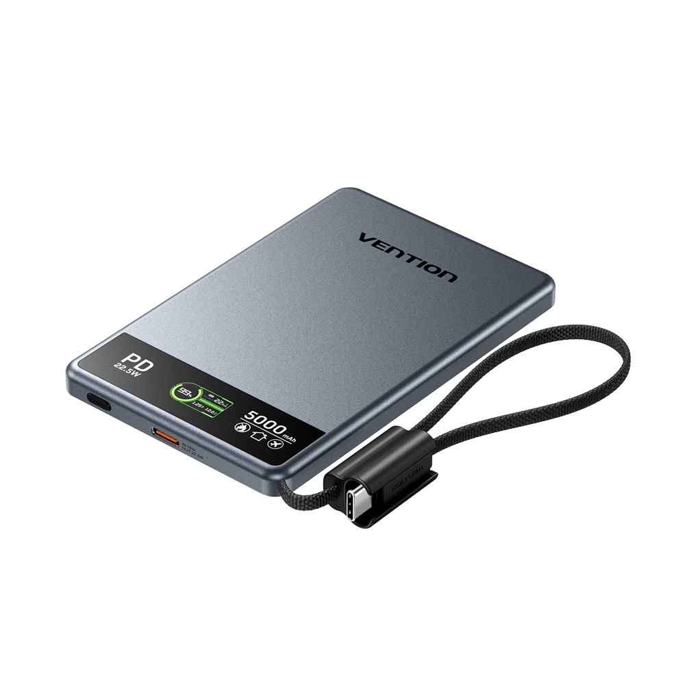 Vention Ultra Slim Serisi 5000mAh Powerbank 15W Manyetik Kablosuz Şarj  (2xUSB-C) TFT Ekran Dahili Askı Kablolu Gri - FKK