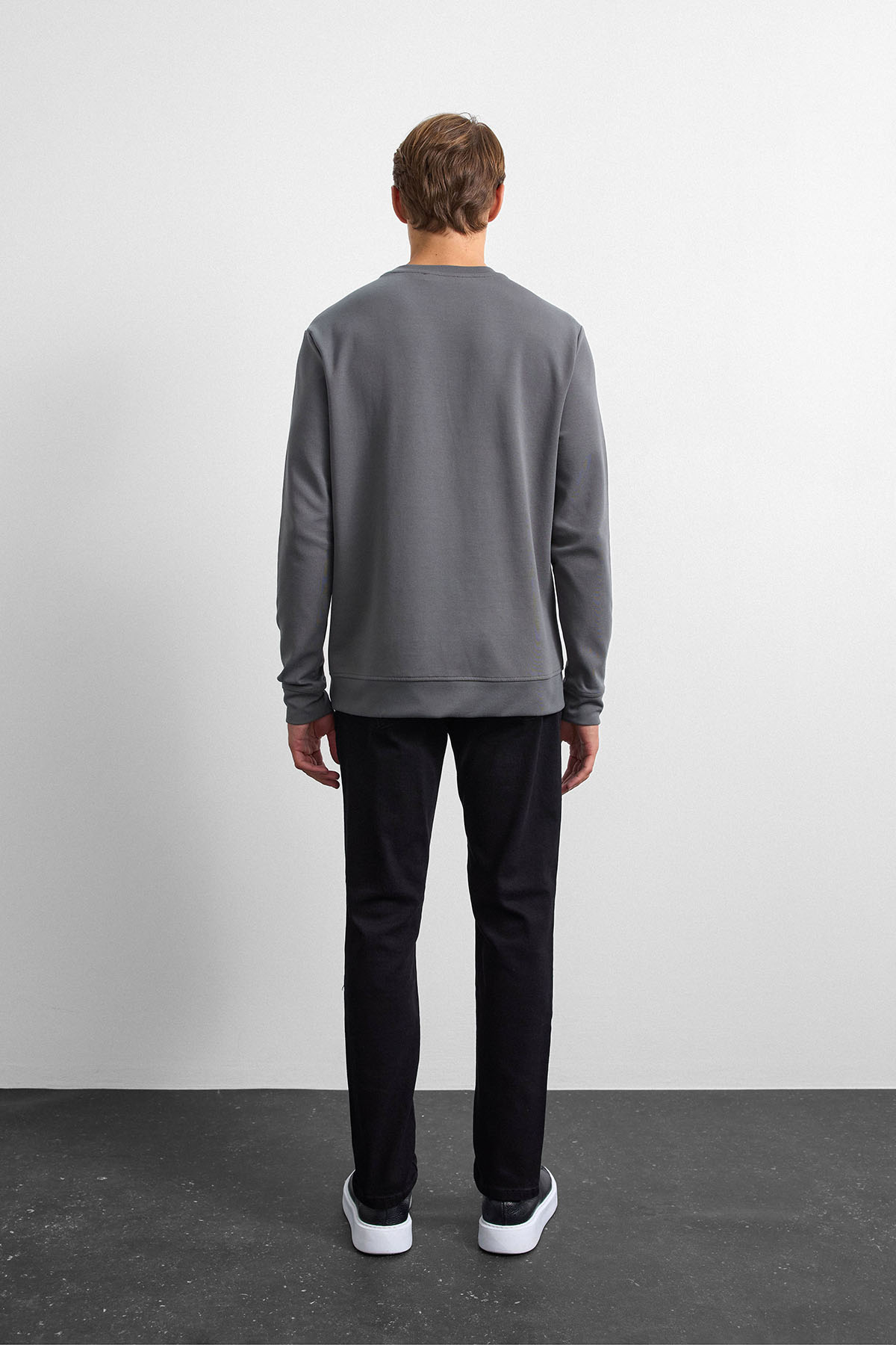Antrasit Bisiklet Yaka Gizli Fermuarlı Sweatshirt