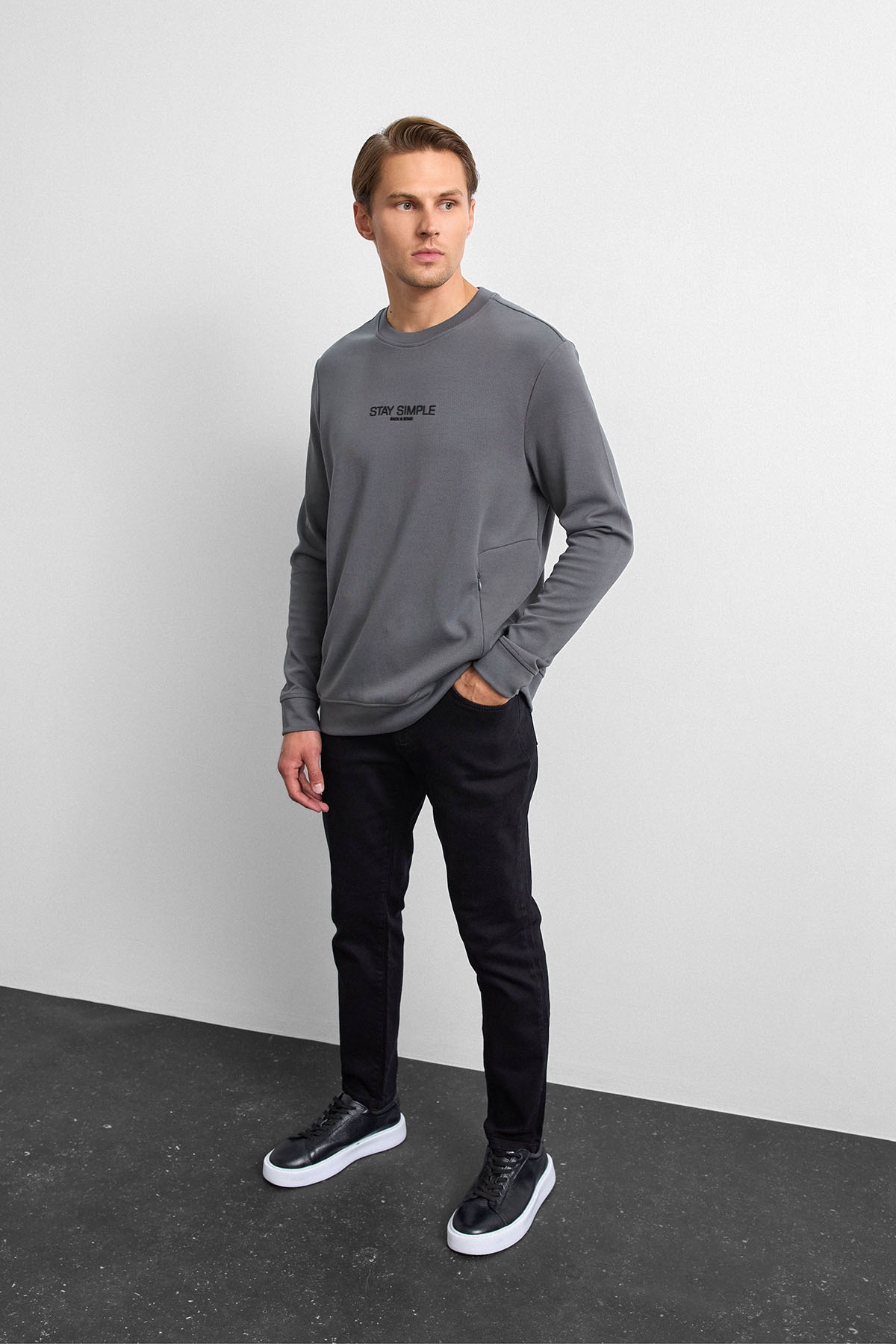 Antrasit Bisiklet Yaka Gizli Fermuarlı Sweatshirt
