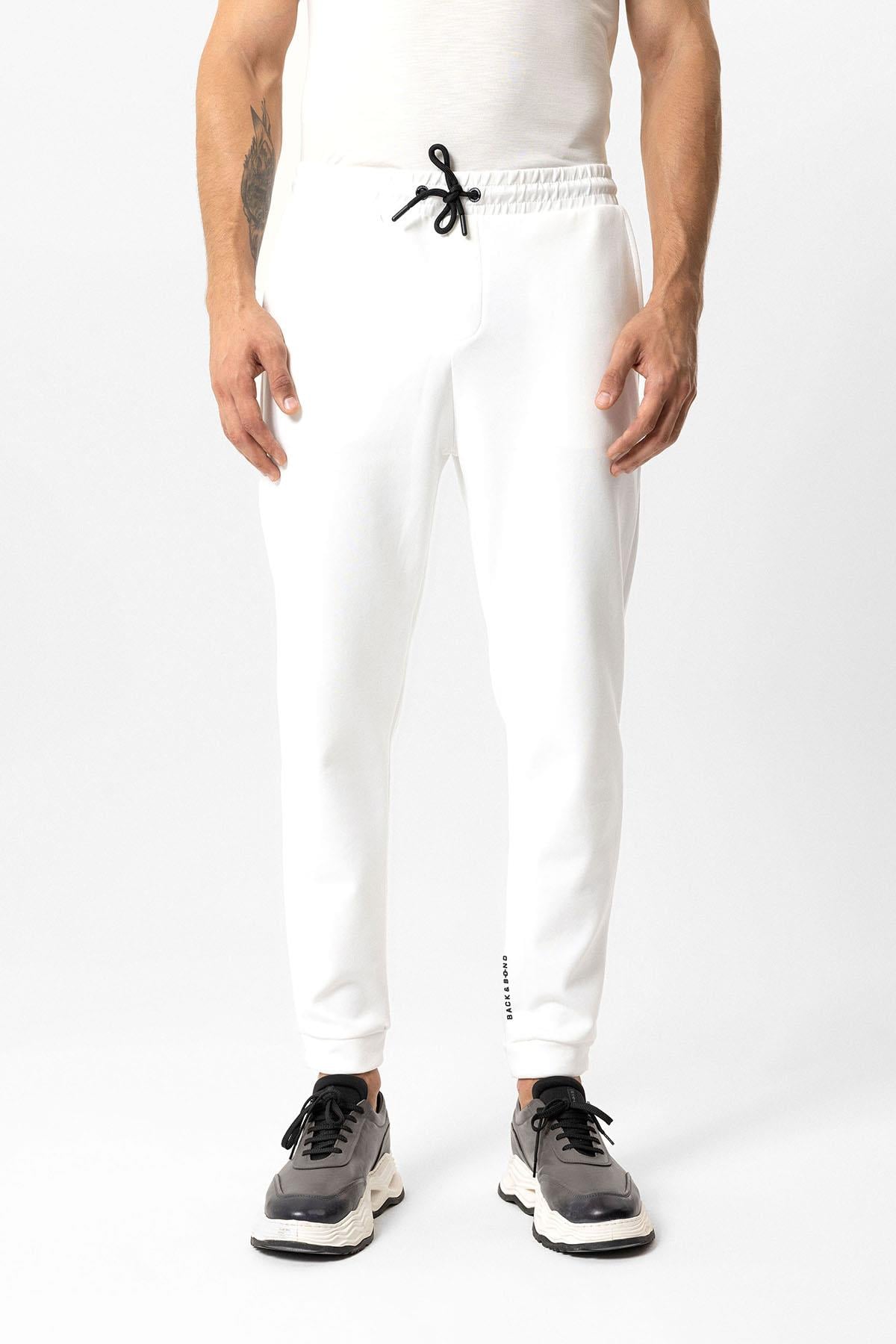 Beyaz Regular Fit Pamuklu Beli Bağlamalı Jogger Pantolon