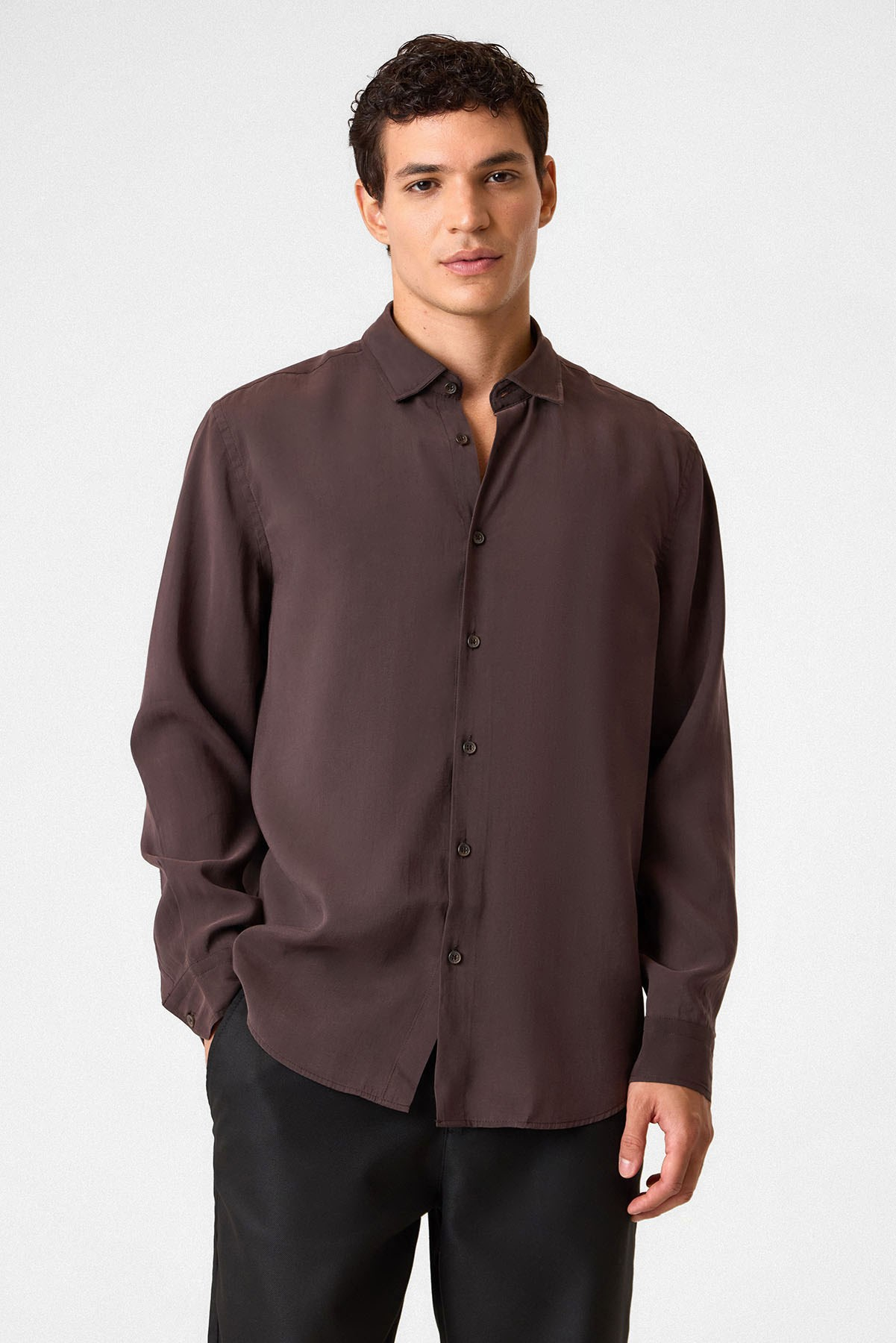 Comfort Fit Kahverengi Uzun Kollu Gömlek