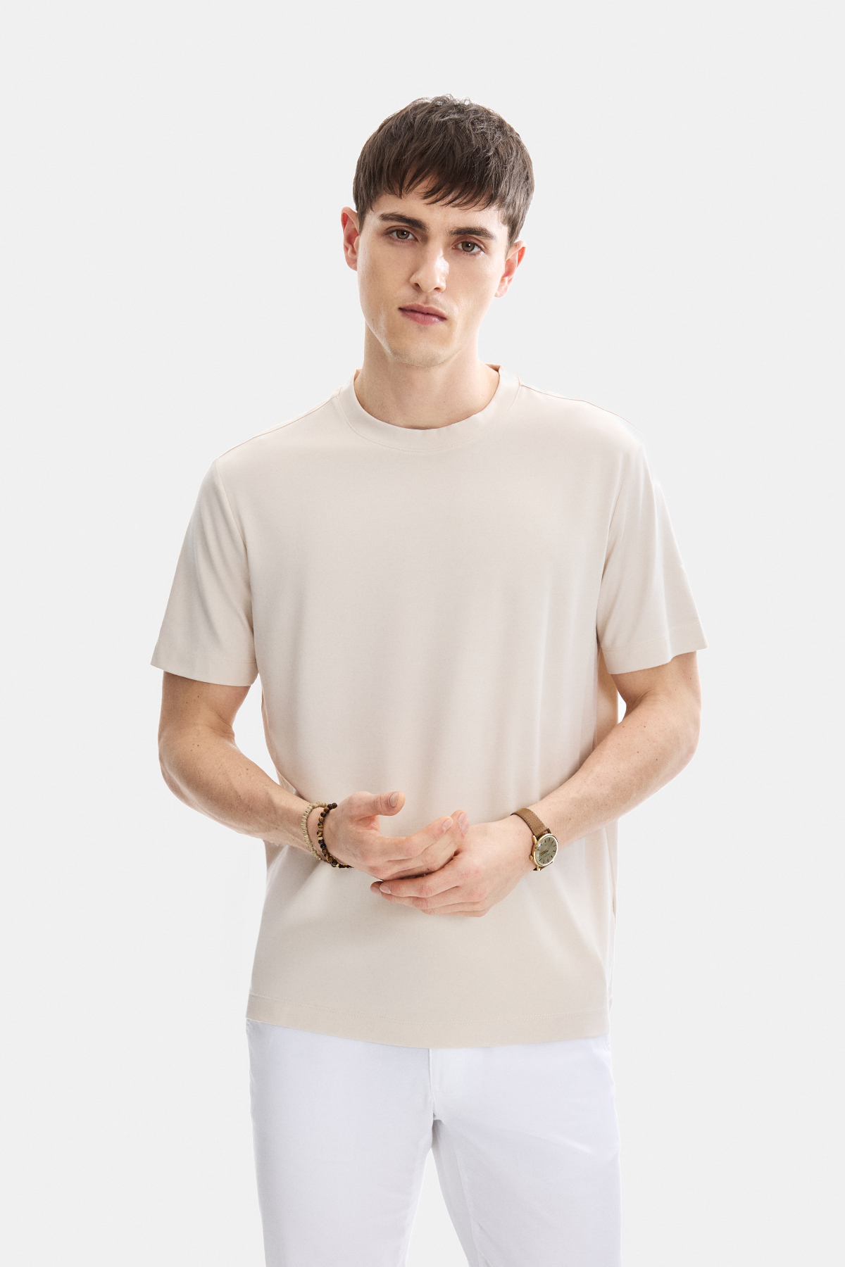Ekru Regular Fit Örme Bisiklet Yaka Tişört