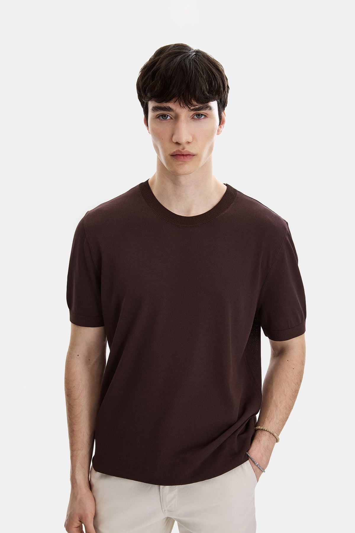 Kahve Regular Fit Bisiklet Yaka Triko Tişört