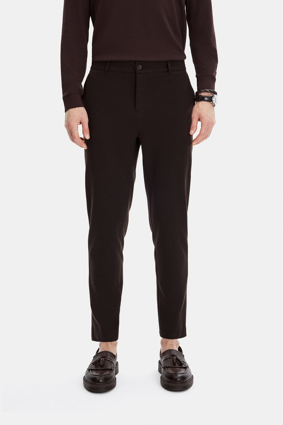 Kahve Regular Fit Diagonel Jakarlı Örme Pantolon