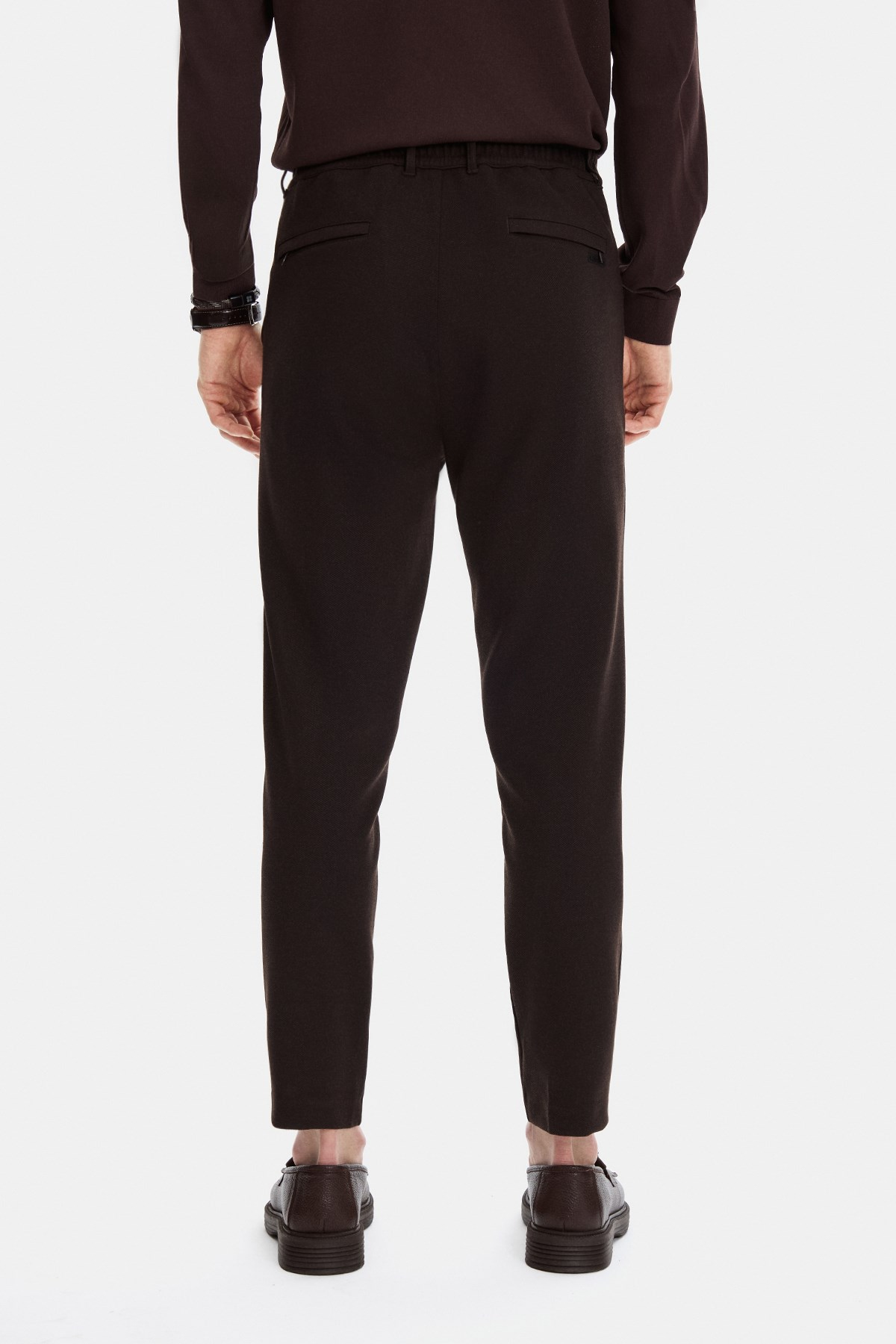 Kahve Regular Fit Diagonel Jakarlı Örme Pantolon