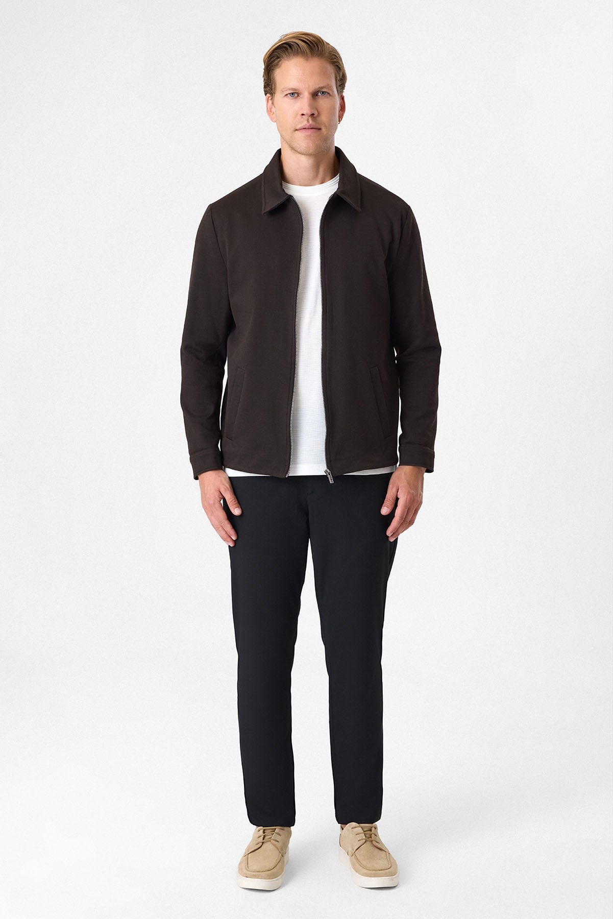 Kahve Regular Fit Fermuarlı Diagonel Mont