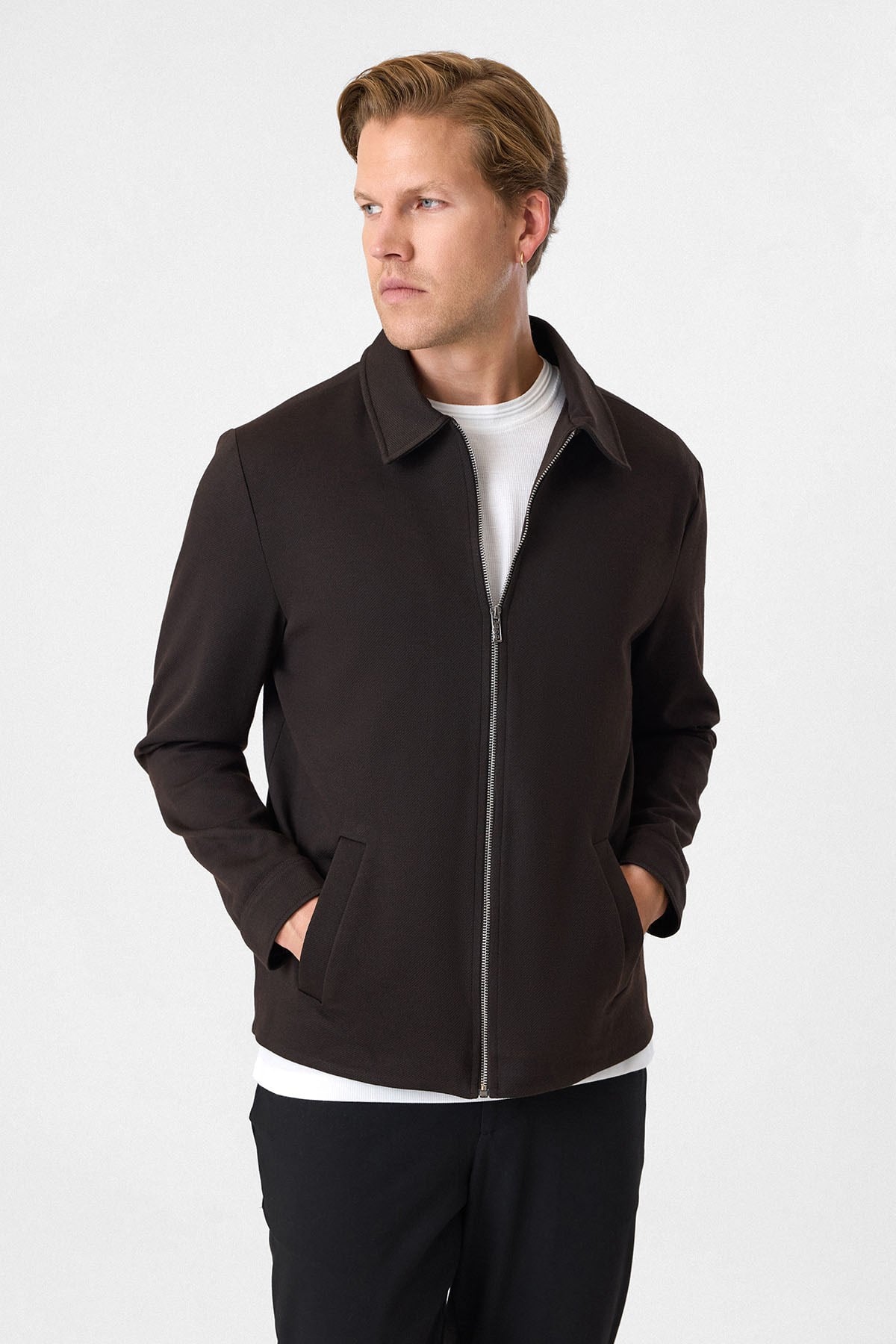 Kahve Regular Fit Fermuarlı Diagonel Mont
