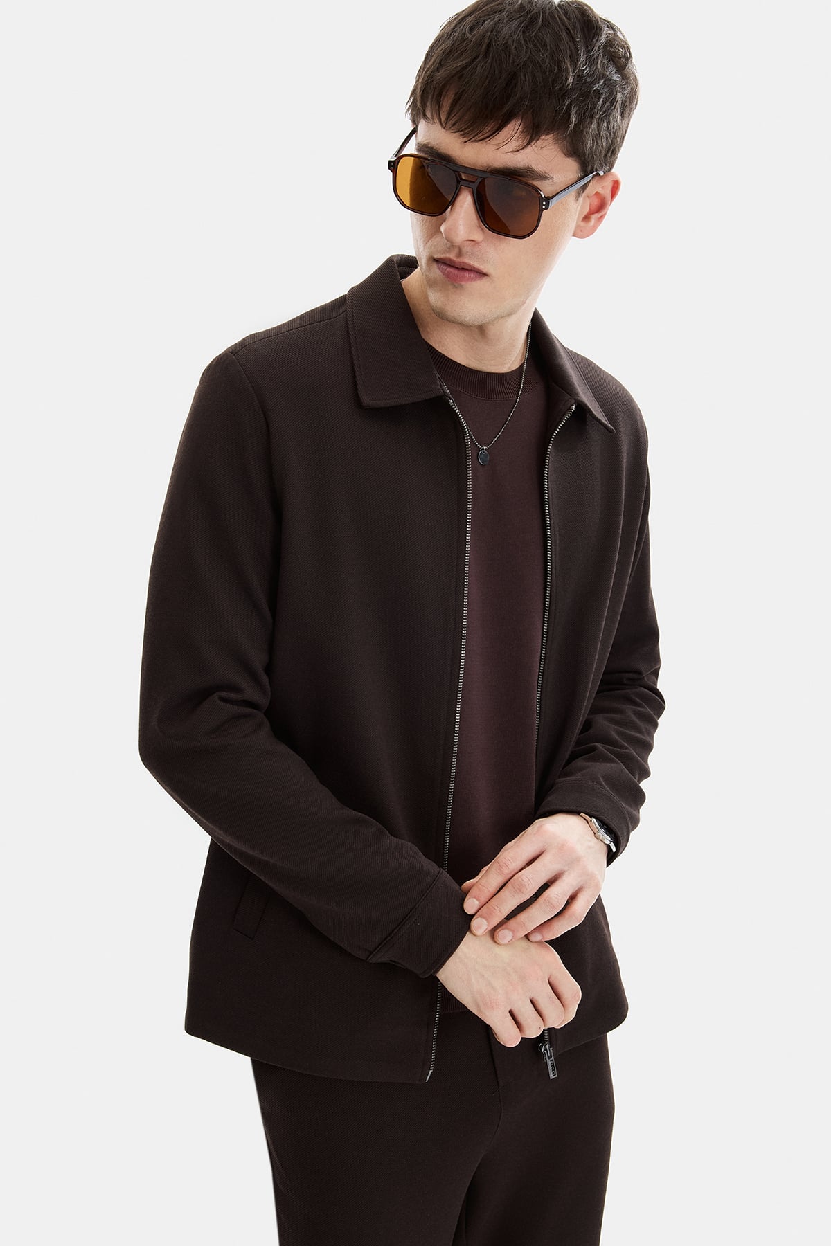 Kahve Regular Fit Jakarlı Diagonel Mont