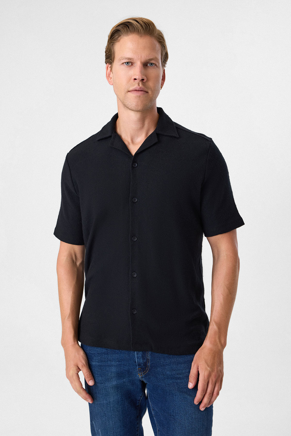 Küba Yaka Relaxed Fit Küba Yaka Örme Gömlek