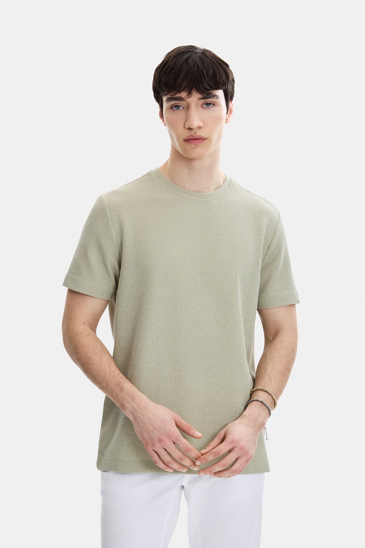 Mint Yeşil Regular Fit Örme Bisiklet Yaka Tişört