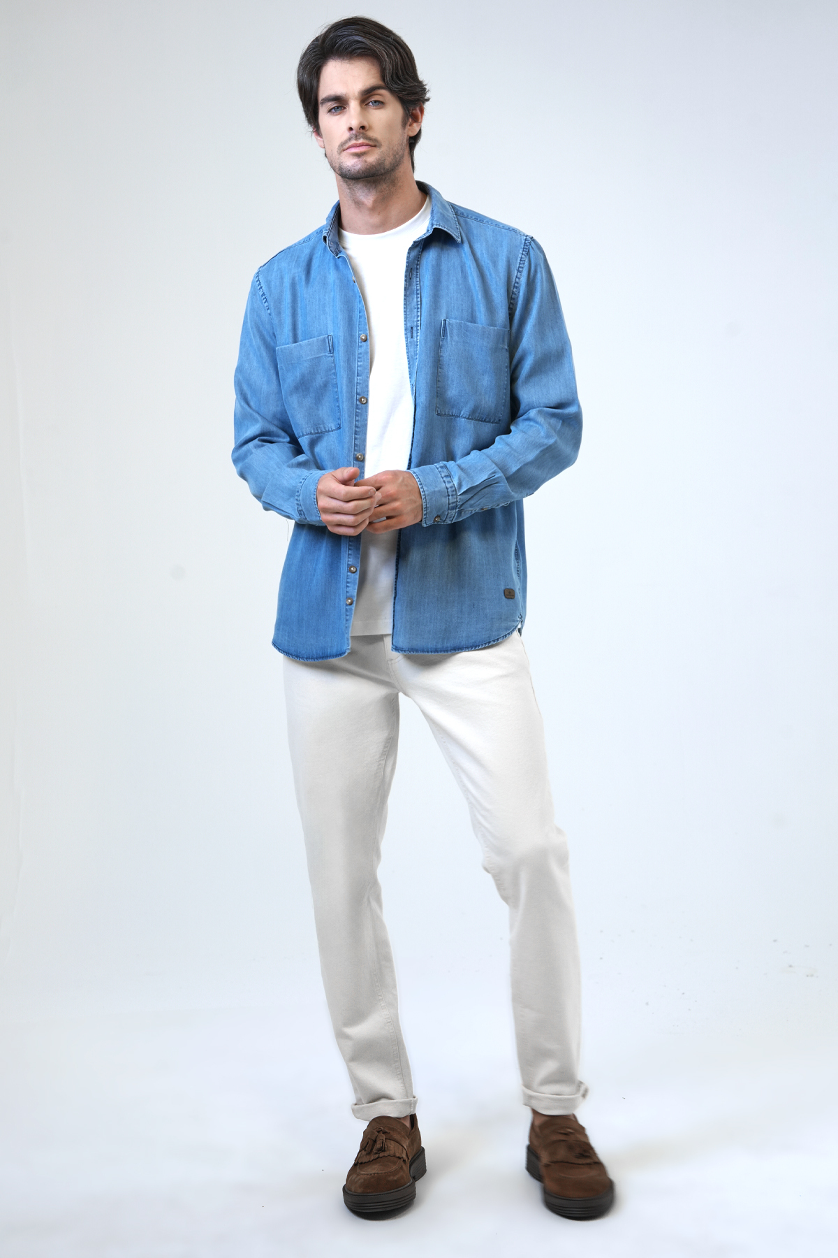 NORMAL YAKA KUMAŞ ÖZELLİKLİ REGULAR FIT DENİM GÖMLEK