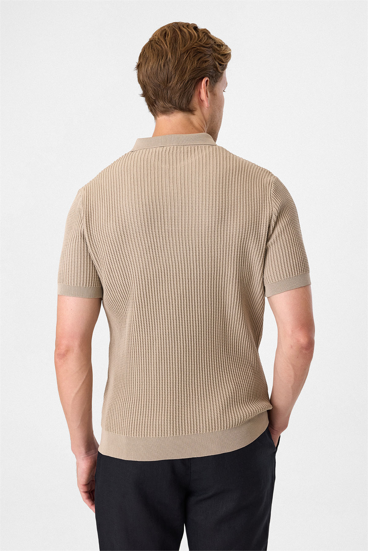 Regular Fit Bej Düğmesiz Polo Yaka Triko Tişört
