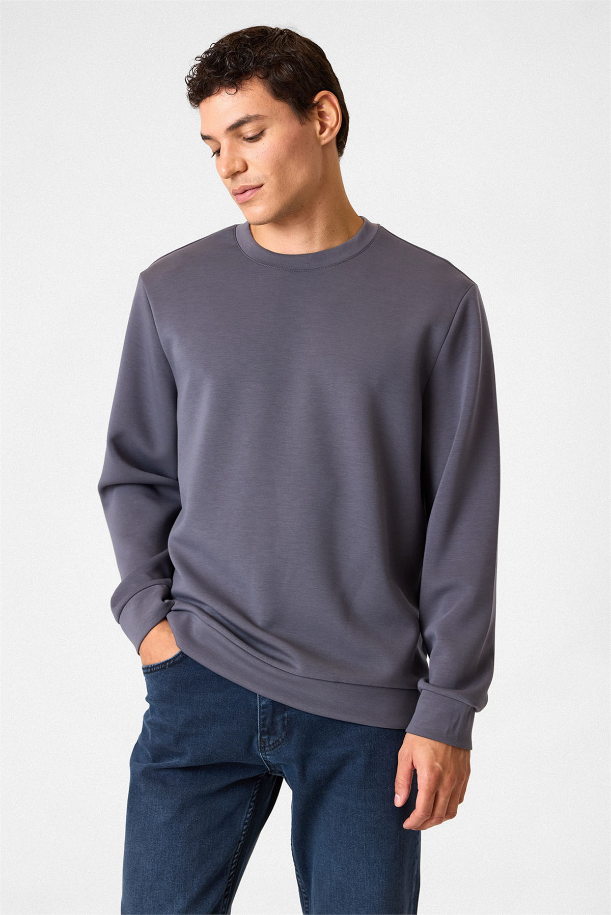 Regular Fit Bisiklet Yaka Gri Sweatshirt