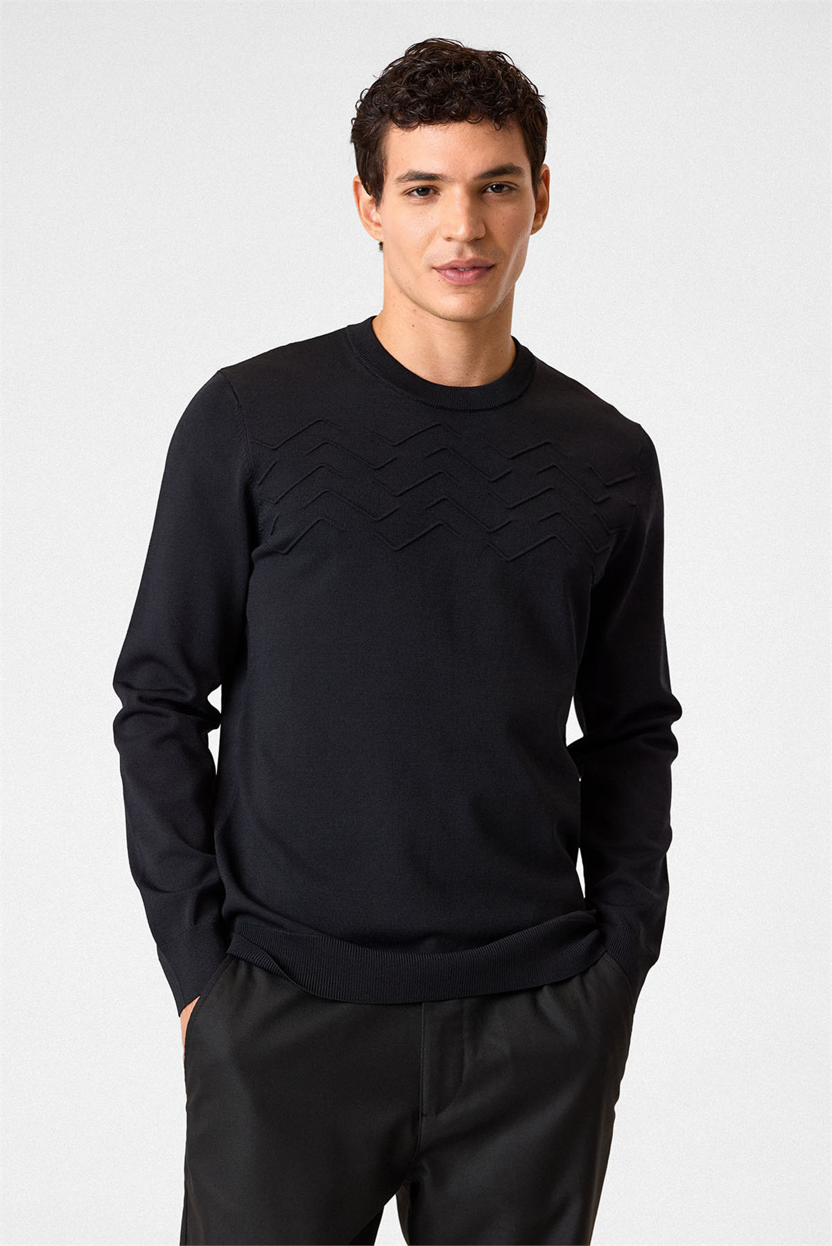 REGULAR FIT BİSİKLET YAKA JAKARLI TRİKO