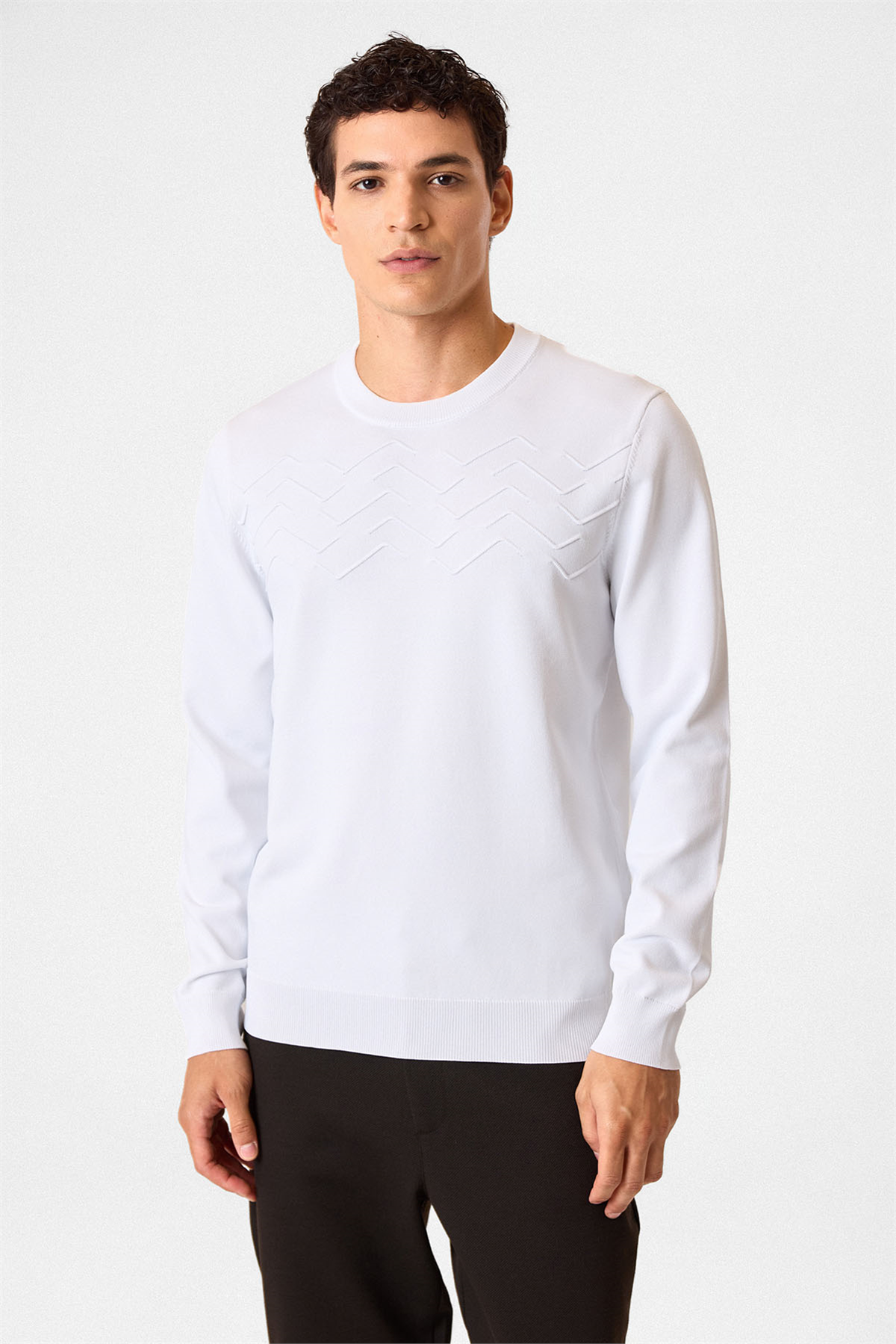 REGULAR FIT BİSİKLET YAKA JAKARLI TRİKO