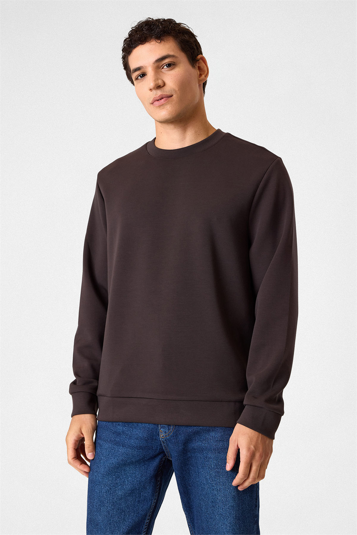 Regular Fit Bisiklet Yaka Kahverengi Sweatshirt