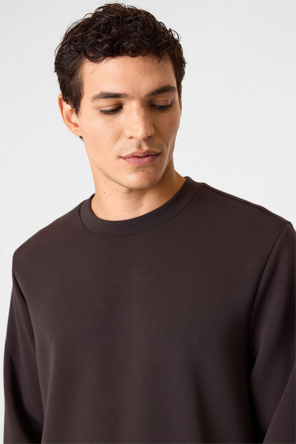 Regular Fit Bisiklet Yaka Kahverengi Sweatshirt