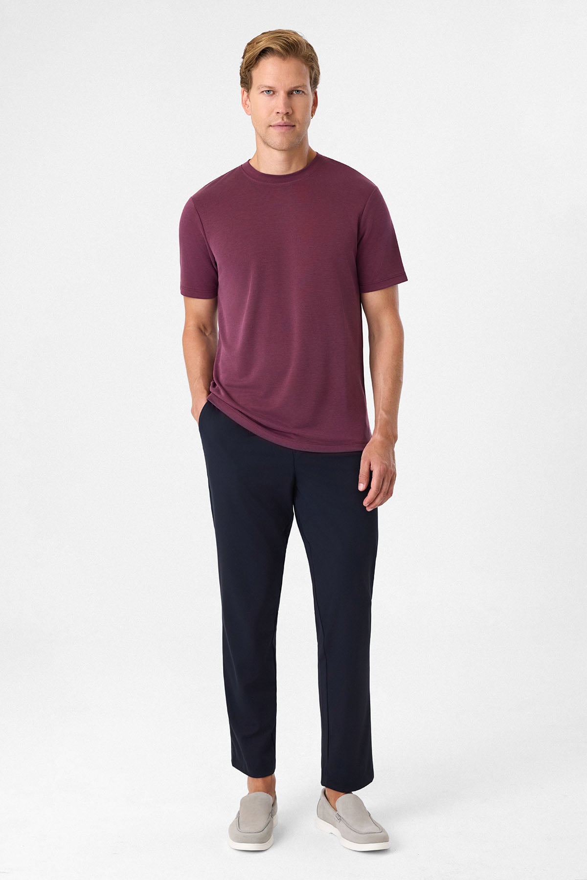 Regular Fit Bordo Bisiklet Yaka Tişört