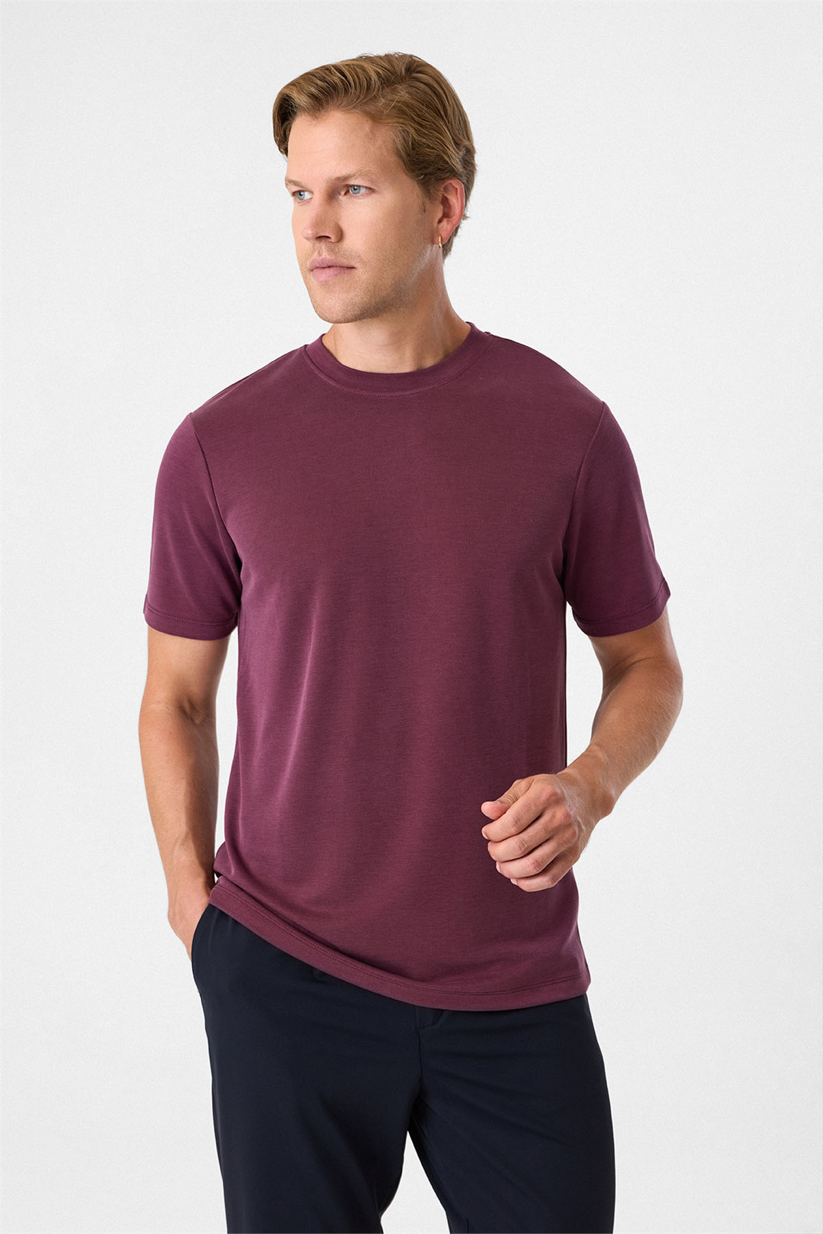 Regular Fit Bordo Bisiklet Yaka Tişört