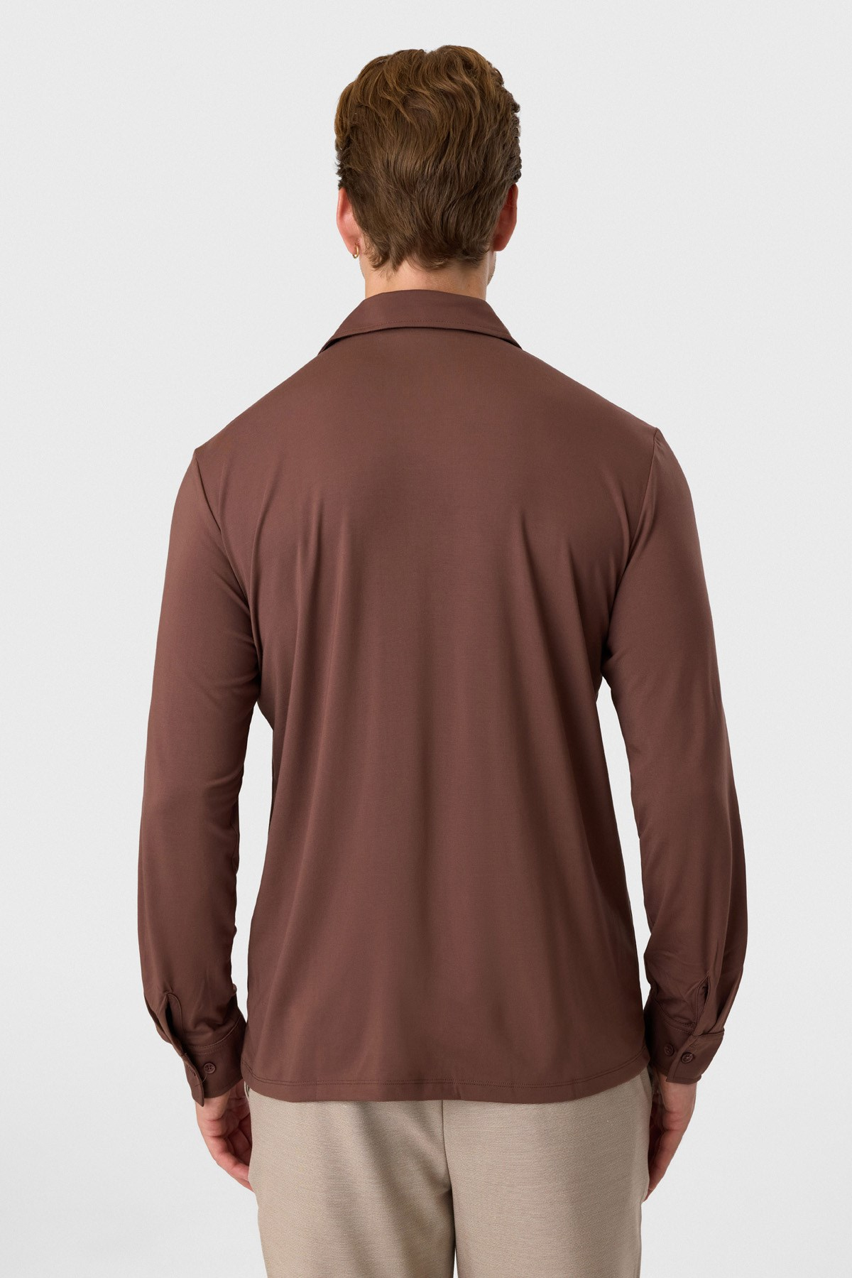 Regular Fit Küba Yaka Açık Kahve Örme Gömlek 