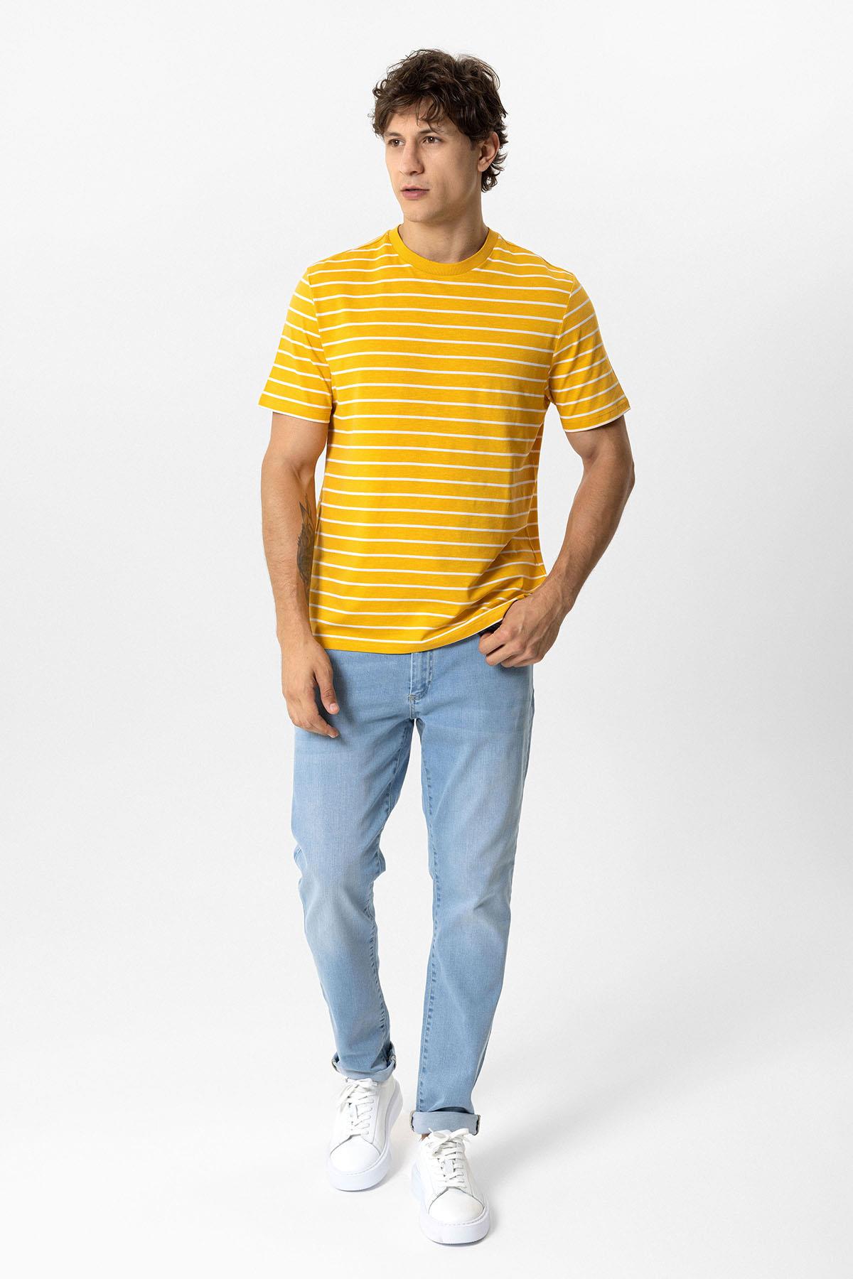 Sarı Regular Fit Bisiklet Yaka Çizgili Tişört