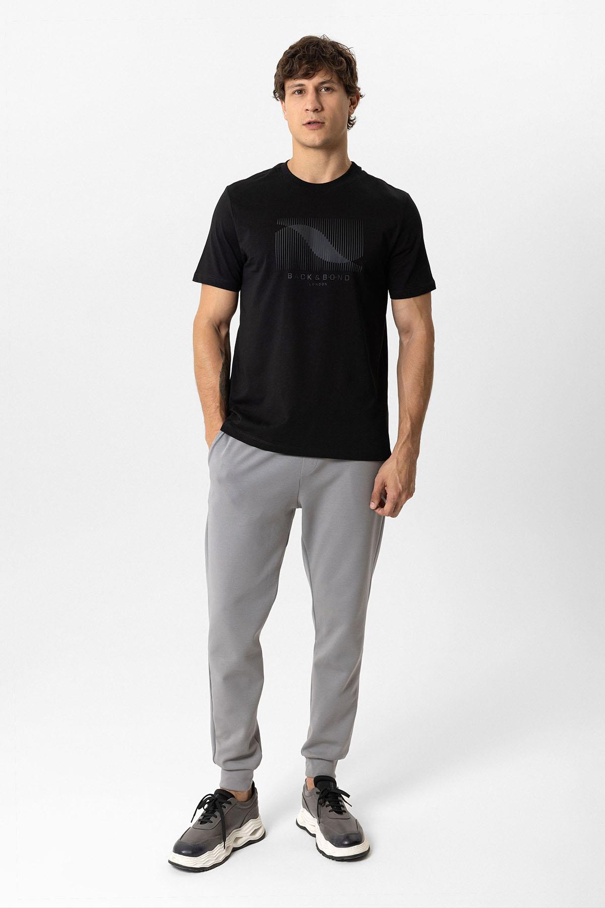 Siyah Regular Fit Bisiklet Yaka Baskılı Tişört