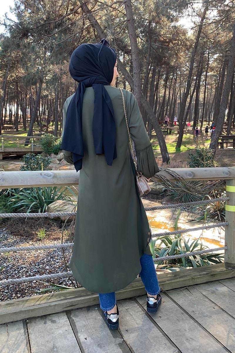 Balon Kol Düğme Detaylı Tesettür Tunik Haki