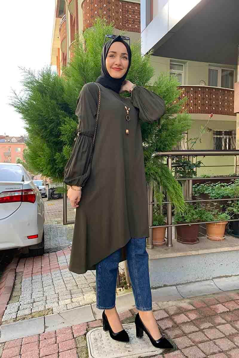 Balon Kol Kolye Detaylı Tesettür Tunik Haki