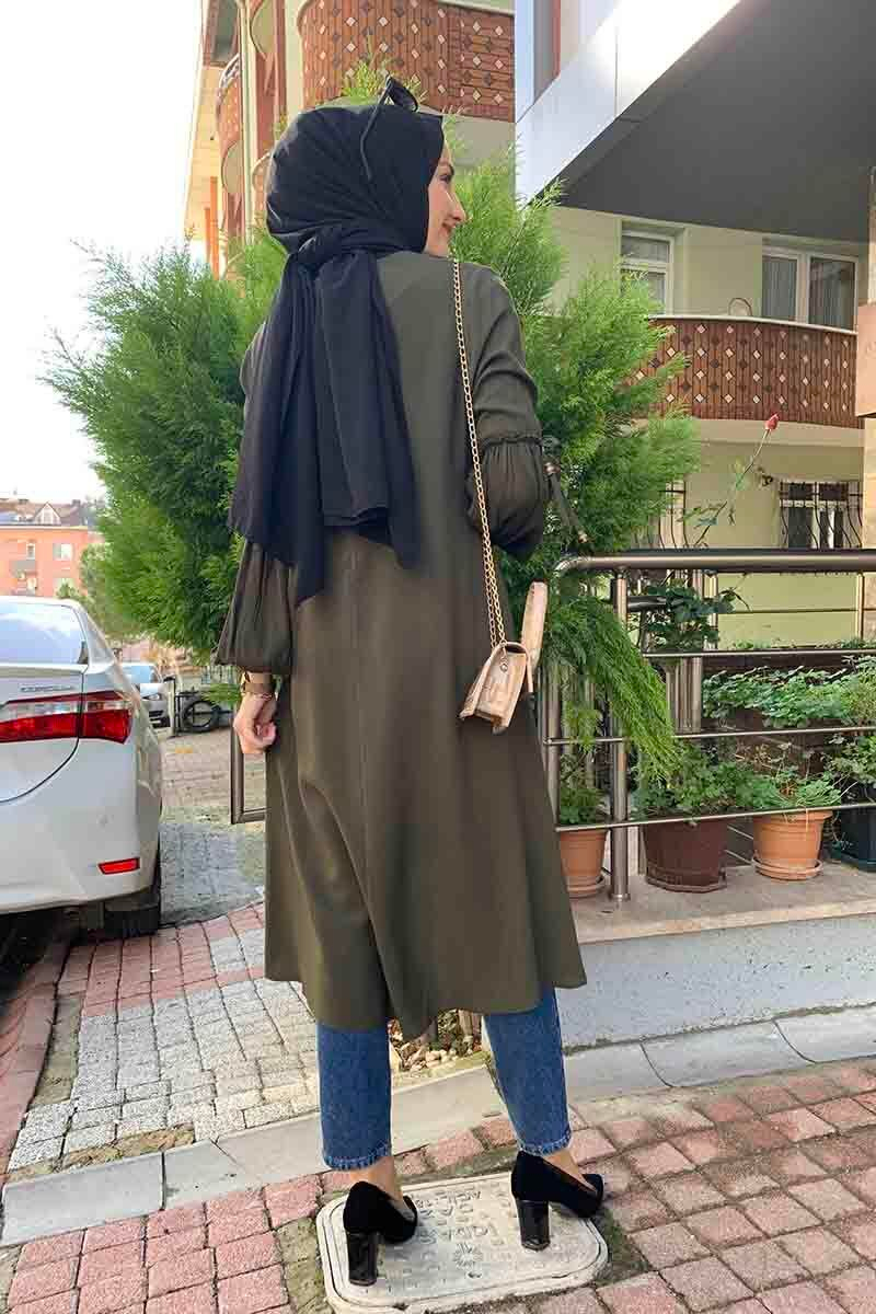 Balon Kol Kolye Detaylı Tesettür Tunik Haki