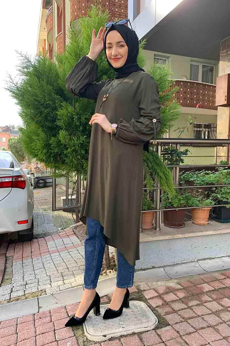 Balon Kol Kolye Detaylı Tesettür Tunik Haki