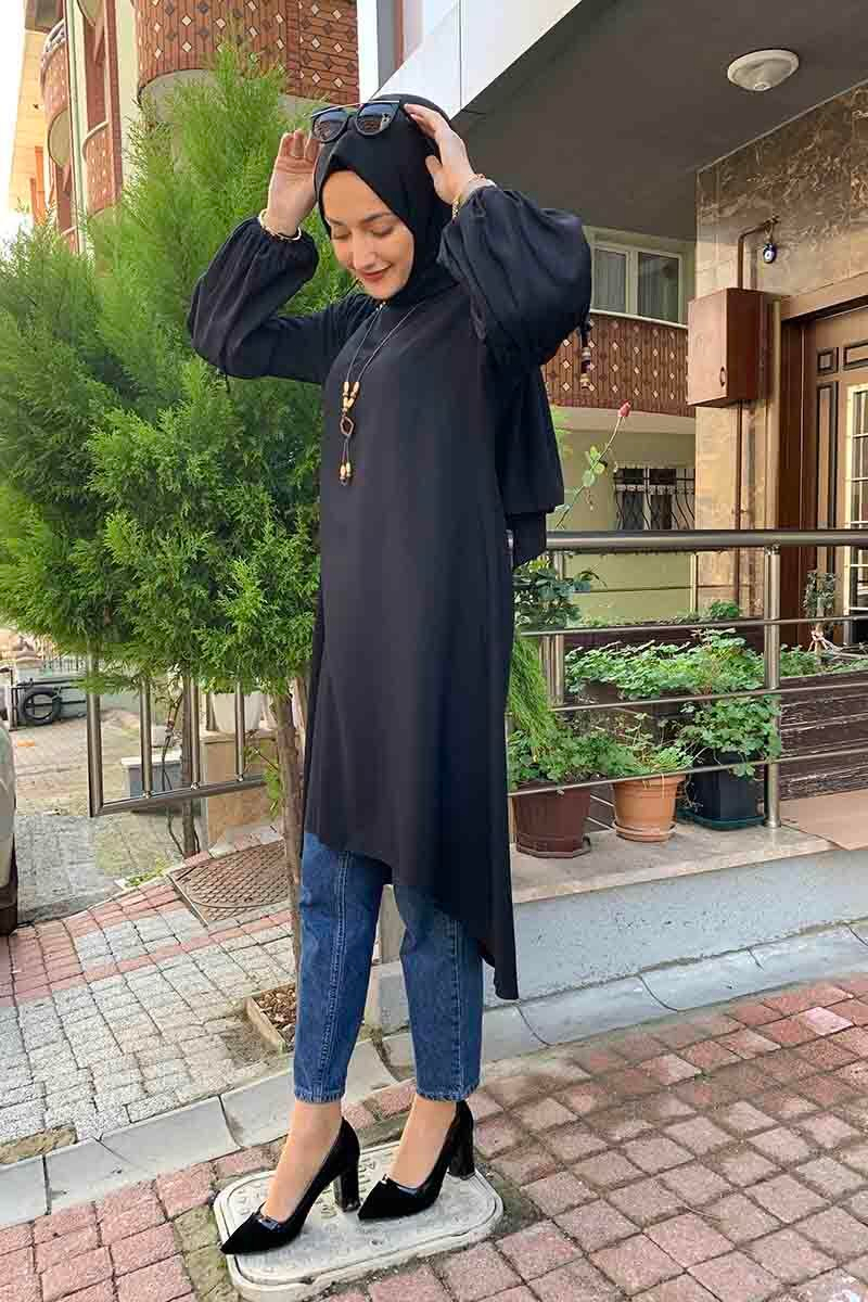 Balon Kol Kolye Detaylı Tesettür Tunik Siyah
