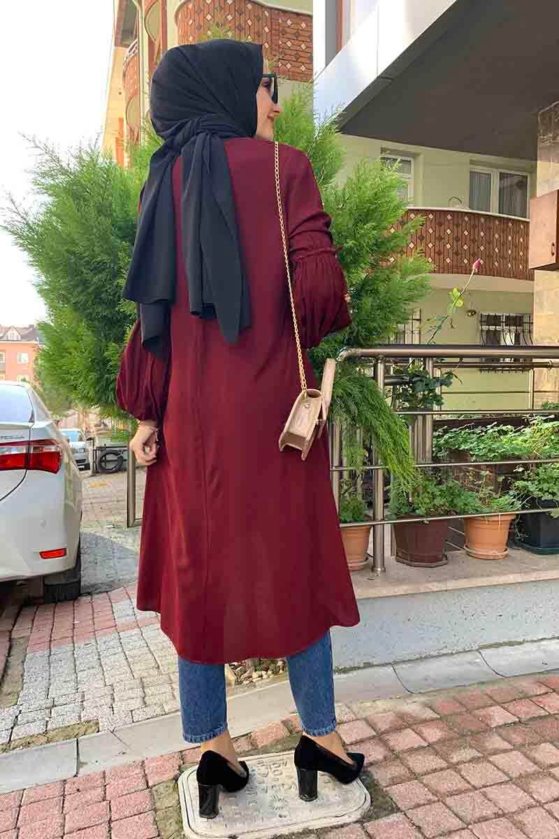 Balon Kol Kolye Detaylı Tesettür Tunik Vişne