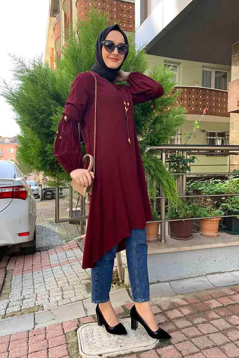 Balon Kol Kolye Detaylı Tesettür Tunik Vişne