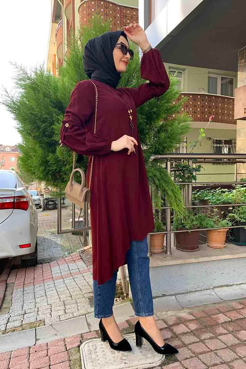 Balon Kol Kolye Detaylı Tesettür Tunik Vişne