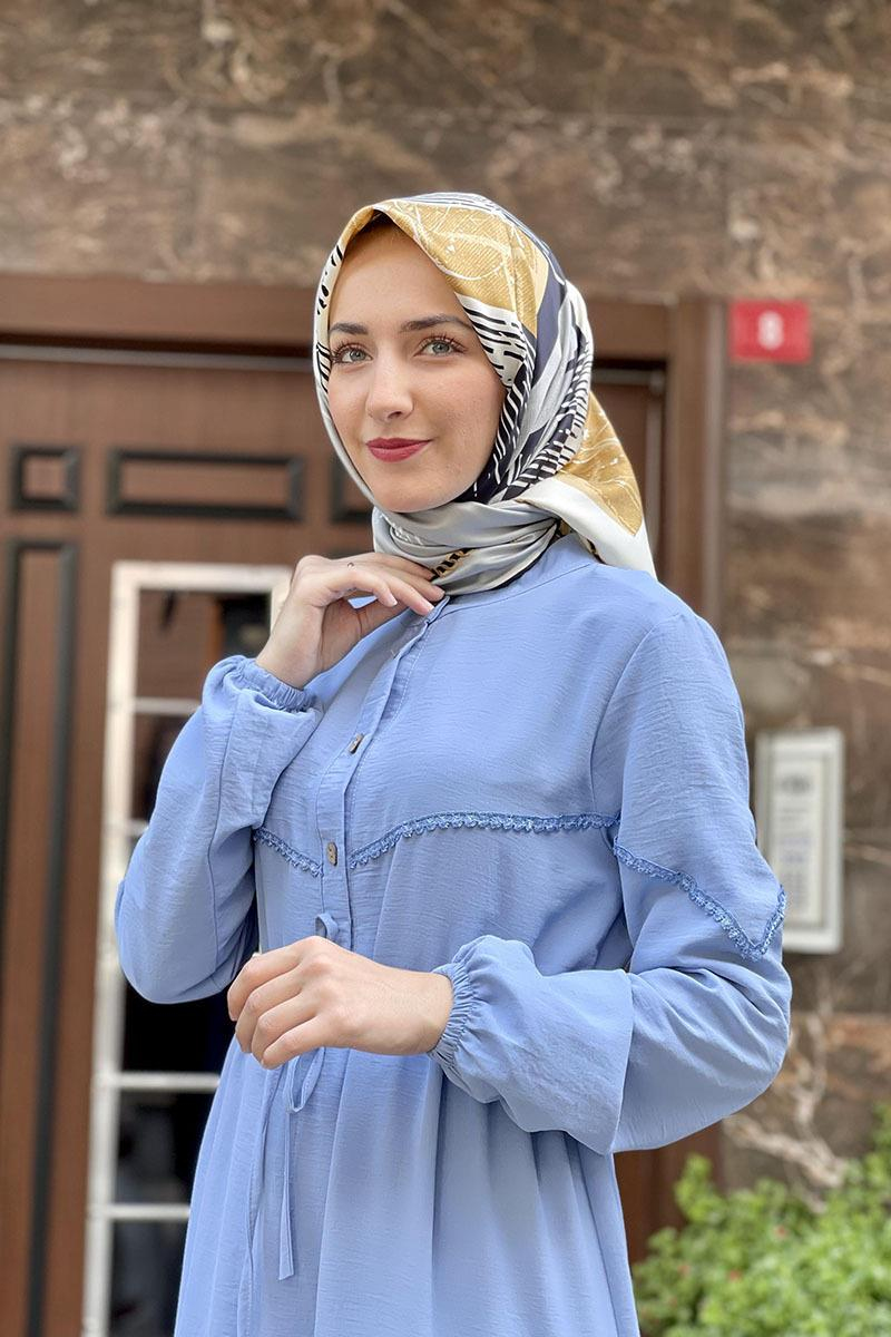 Belden Bağcıklı İşlemeli Elbise Bebe Mavisi