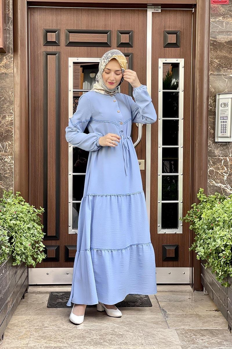 Belden Bağcıklı İşlemeli Elbise Bebe Mavisi