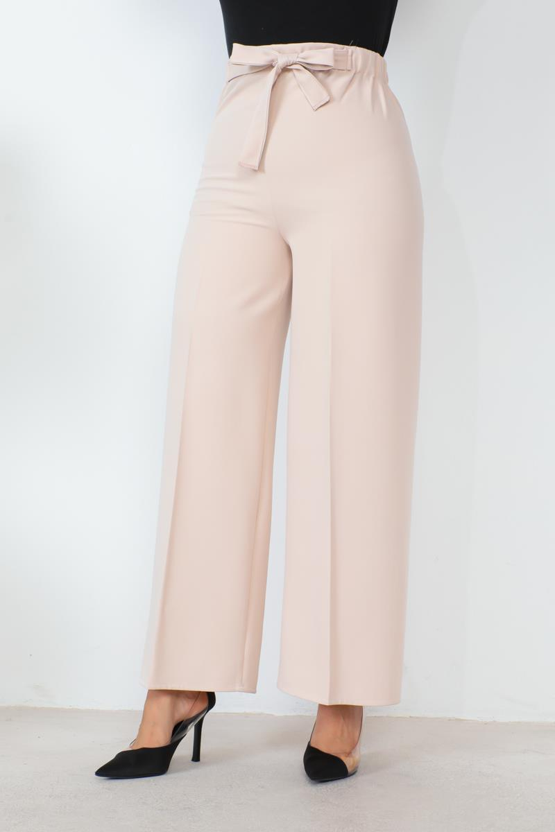 Belden Bağlamalı Bol Paça Pantolon Bej