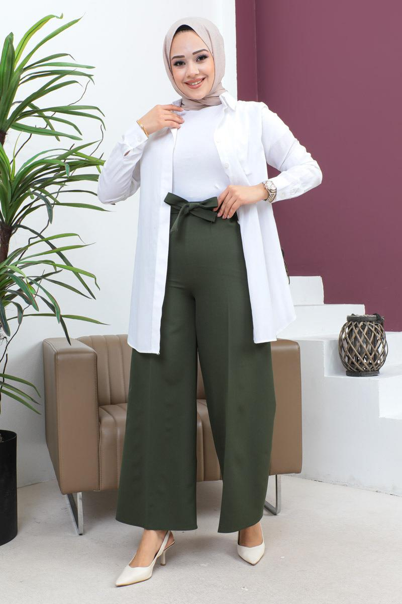 Belden Bağlamalı Bol Paça Pantolon Haki