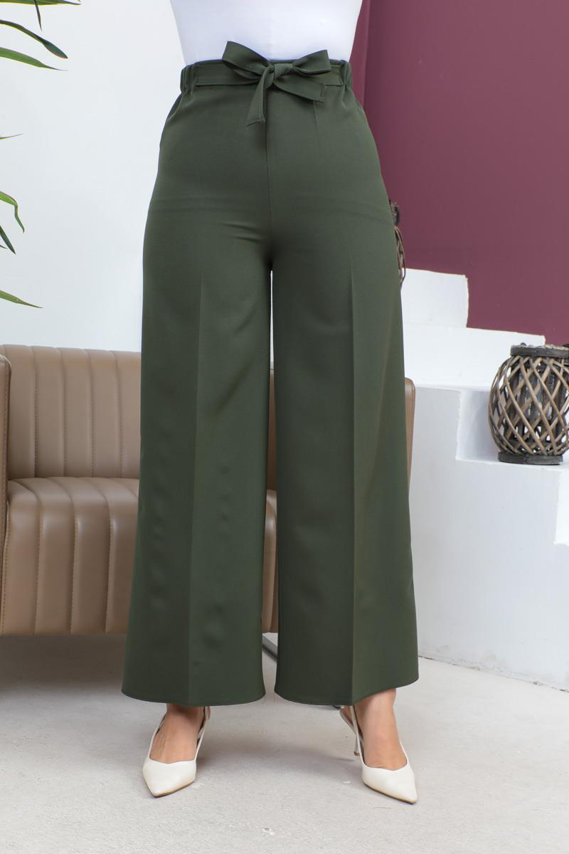 Belden Bağlamalı Bol Paça Pantolon Haki