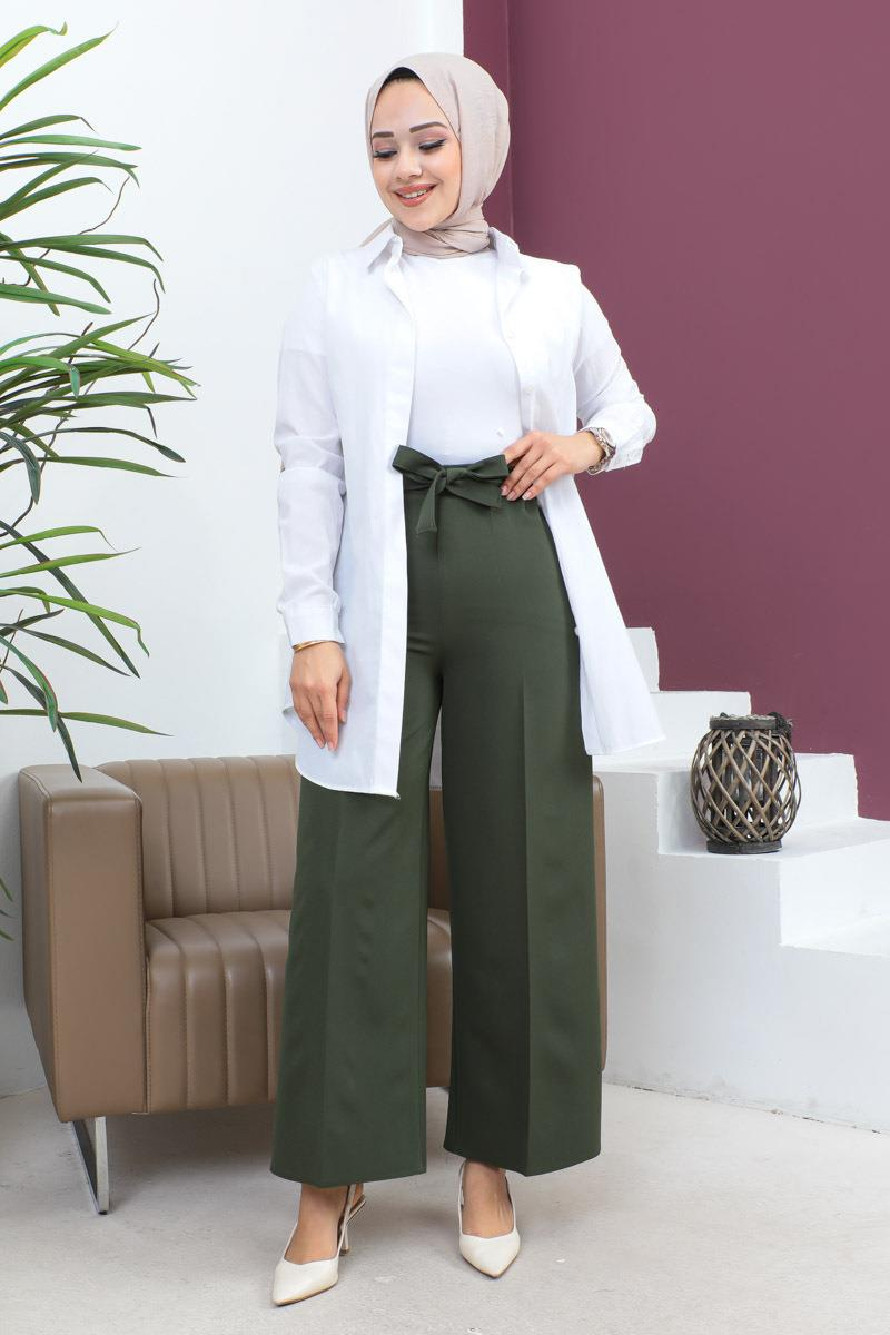 Belden Bağlamalı Bol Paça Pantolon Haki